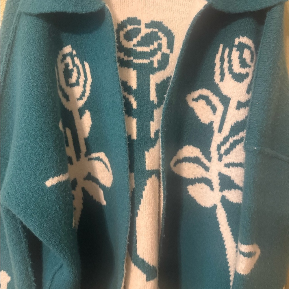 Teal Floral Open-Front Cardigan Sweater - Brand - Picture 4 of 11